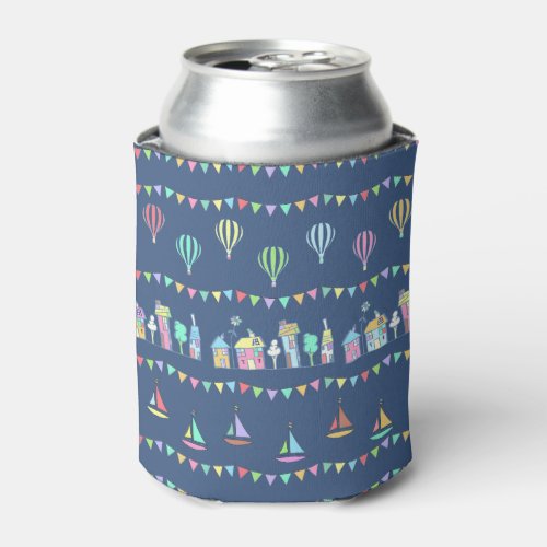 Seaside Town Sail Boats and Bunting Pattern Blue Can Cooler