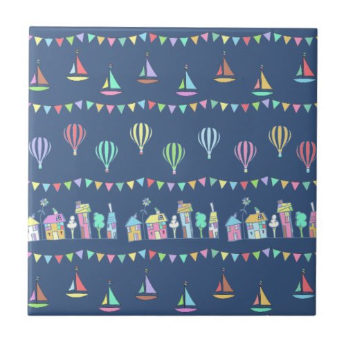 Seaside Town Sail Boats and Bunting Pattern Blue Ceramic Tile