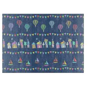 Seaside Town Sail Boats and Bunting Pattern Blue Cutting Board