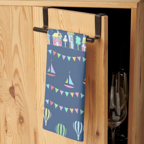Seaside Town Sail Boats and Bunting Pattern Blue Kitchen Towel