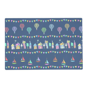 Seaside Town Sail Boats and Bunting Pattern Blue Placemat