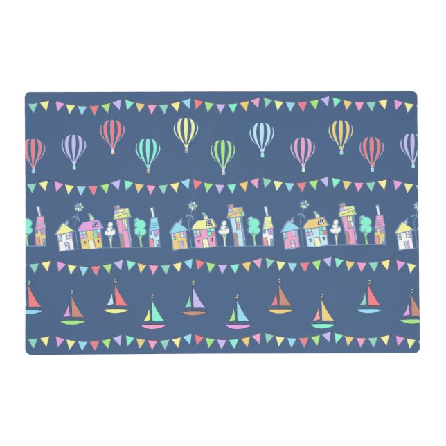 Seaside Town Sail Boats and Bunting Pattern Blue Placemat (Front)