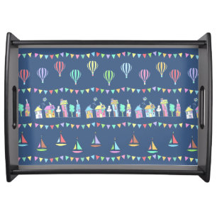 Seaside Town Sail Boats and Bunting Pattern Blue Serving Tray
