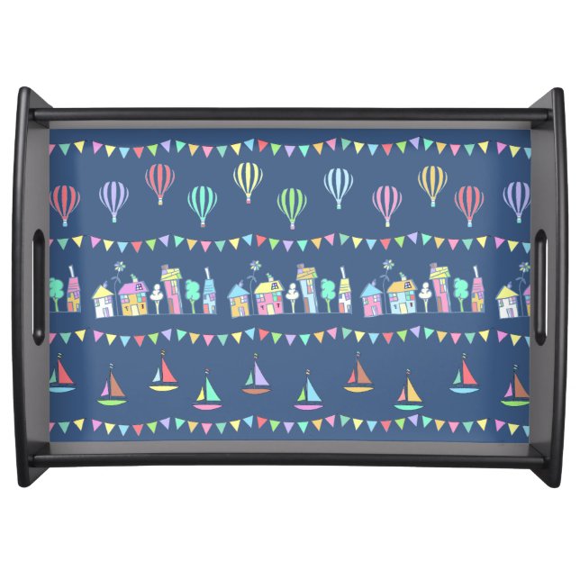 Seaside Town Sail Boats and Bunting Pattern Blue Serving Tray (Front)