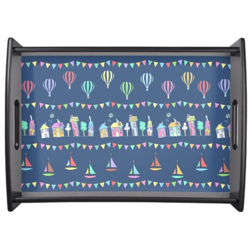 Seaside Town Sail Boats and Bunting Pattern Blue Serving Tray