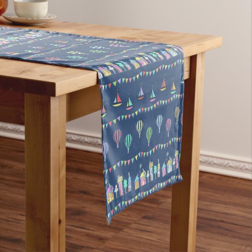 Seaside Town Sail Boats and Bunting Pattern Blue Short Table Runner