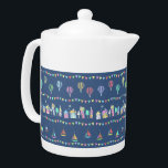 Seaside Town Sail Boats and Bunting Pattern Blue Teapot<br><div class="desc">Whimsical illustrated pattern of a cheerful village decorated with bunting for a summer gala with colorful sailboats and hot air balloons.</div>