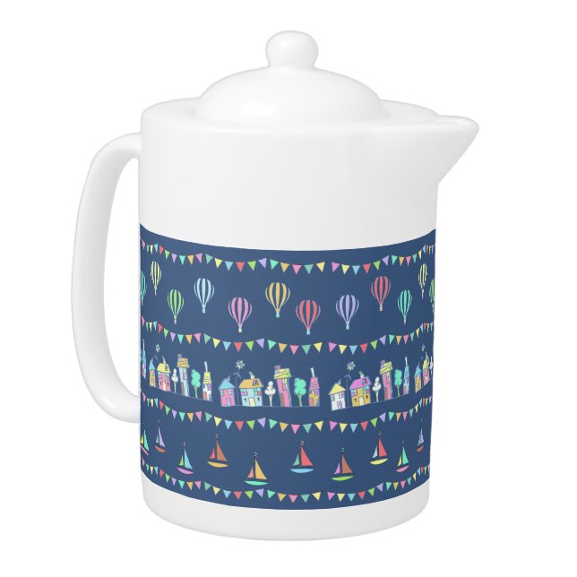Seaside Town Sail Boats and Bunting Pattern Blue Teapot (Left)