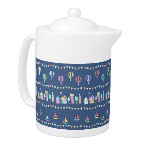 Seaside Town Sail Boats and Bunting Pattern Blue Teapot