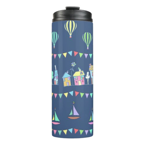 Seaside Town Sail Boats and Bunting Pattern Blue Thermal Tumbler