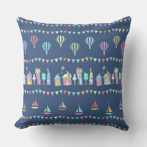 Seaside Town Sail Boats and Bunting Pattern Blue Throw Pillow