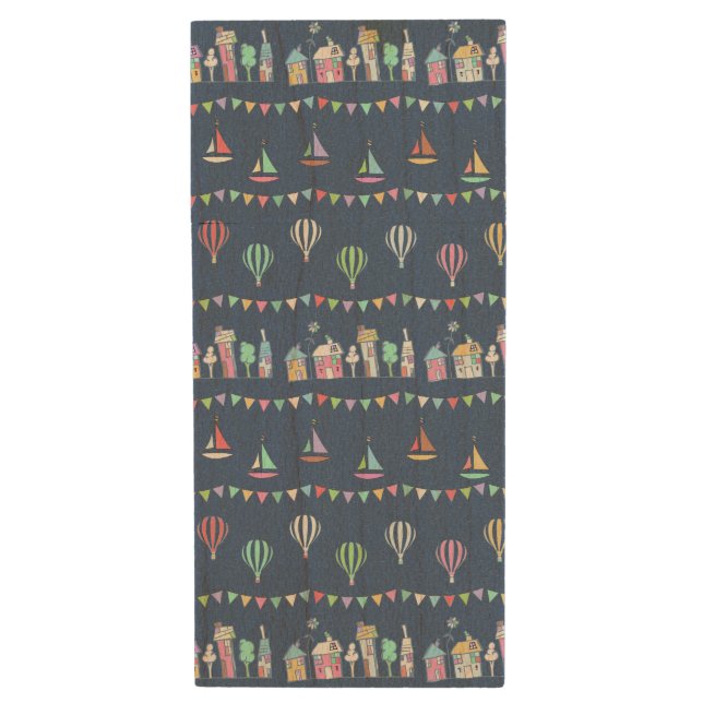 Seaside Town Sail Boats and Bunting Pattern Blue Wood Flash Drive (Front Vertical)