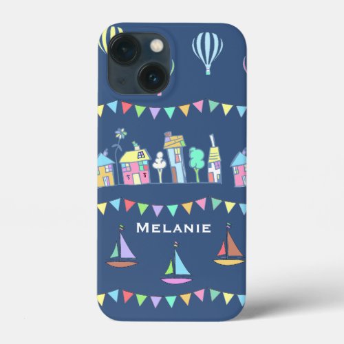Seaside Town Sail Boats and Bunting Personalised iPhone 13 Mini Case