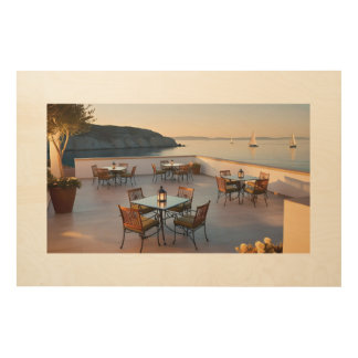 Seaside Tranquility: Golden Hour at the Terrace Wood Wall Art