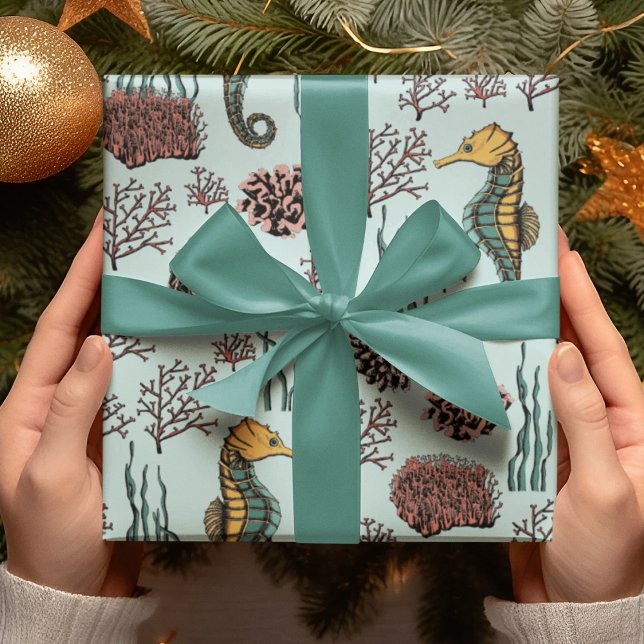 Seaside Treasures Seahorse & Coral Nautical  Wrapping Paper (Beautiful Hand-drawn Seahorse & Red Corals Pattern. Teal & Gold Seahorses against Mint Background.)