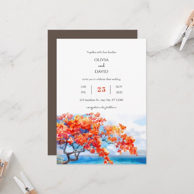 Seaside Tropical Flame Tree Blossoms Beach Wedding Invitation (Front/Back In Situ)