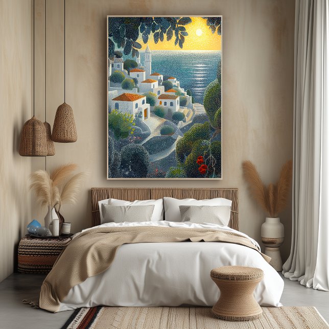 Seaside Village at Sunset in Pointillist Style Poster (Creator Uploaded)