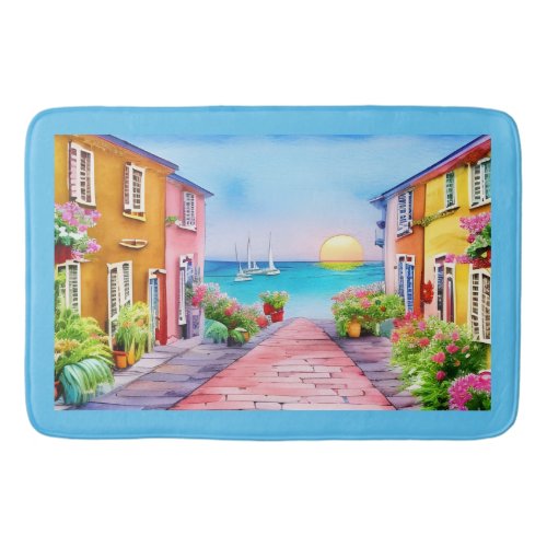 Seaside Village Sunset Watercolor   Bath Mat