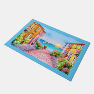 Seaside Village Sunset Watercolor Doormat