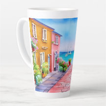 Seaside Village Sunset Watercolor