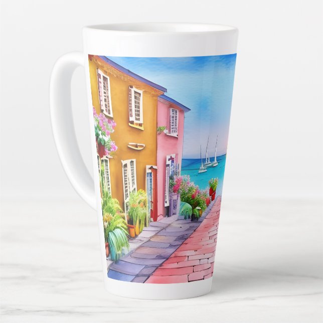 Seaside Village Sunset Watercolor   Latte Mug (Left Angle)