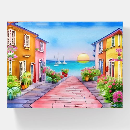 Seaside Village Sunset Watercolor Scene Paperweight