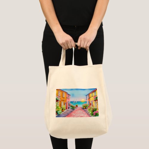 Seaside Village Sunset Watercolor   Tote Bag