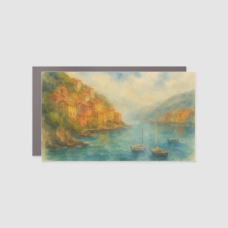 Seaside Village Watercolor – Cliffside Harbor Car Magnet