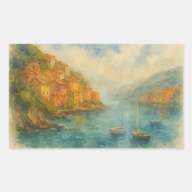 Seaside Village Watercolor – Cliffside Harbor  Rectangular Sticker (Front)