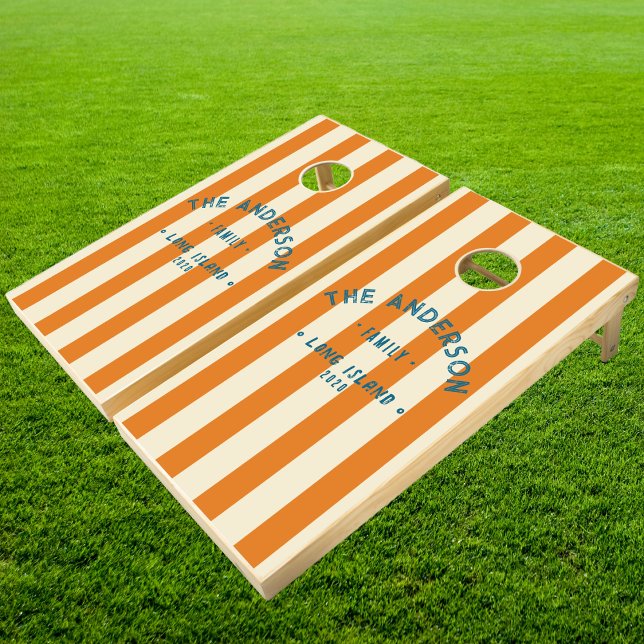 Seaside Warm Citrus Striping & Family Name Cornhole Set (Creator Uploaded)