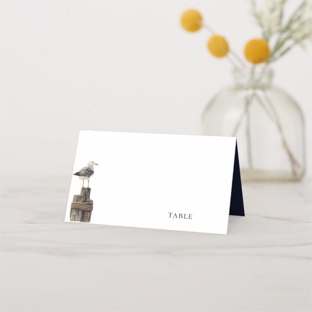 Seaside Watercolor Navy Blue Wedding Place Card (Front)