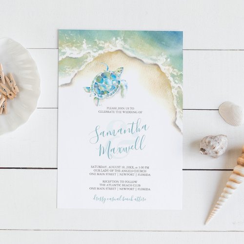 Seaside Wedding Invitations Watercolor Sea Turtle