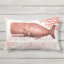 Seaside Whale Collage in Coral Orange Outdoor Pillow