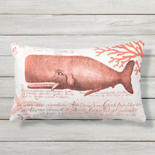 Seaside Whale Collage in Coral Orange Outdoor Pillow