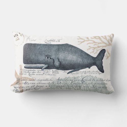 Seaside Whale Collage in Navy and Sand Lumbar Pillow