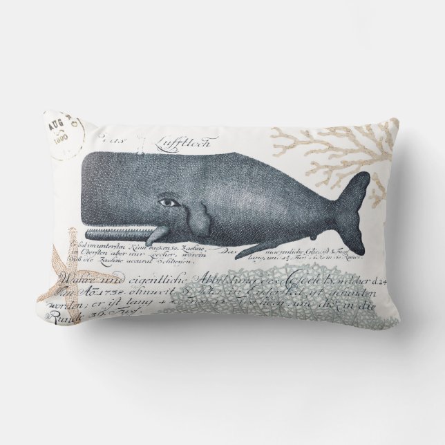 Seaside Whale Collage in Navy and Sand Lumbar Pillow (Front)