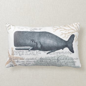Seaside Whale Collage In Navy And Sand Lumbar Pillow by AnyTownArt at Zazzle