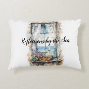Seaside Window View Watercolor Coastal Scene Accent Pillow