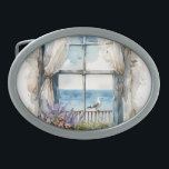 Seaside Window View Watercolor Coastal Scene Belt Buckle<br><div class="desc">Capture the charm of coastal living with this tranquil watercolor design, featuring a weathered window framed by soft lace curtains that gently part to reveal a peaceful seaside view. A seagull rests quietly on the windowsill railing, gazing out toward calm ocean waves under a serene sky. The window box overflows...</div>