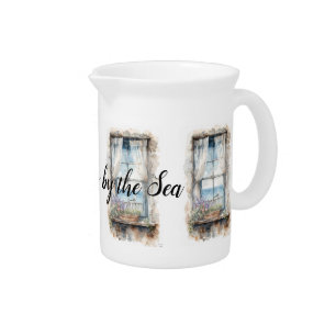 Seaside Window View Watercolor Coastal Scene Beverage Pitcher