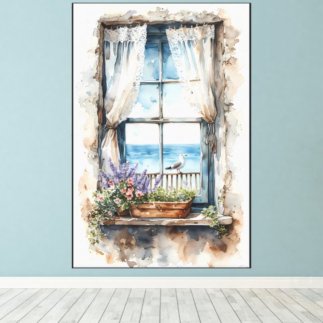 Seaside Window View Watercolor Coastal Scene Canvas Print (Insitu(Wood Floor))