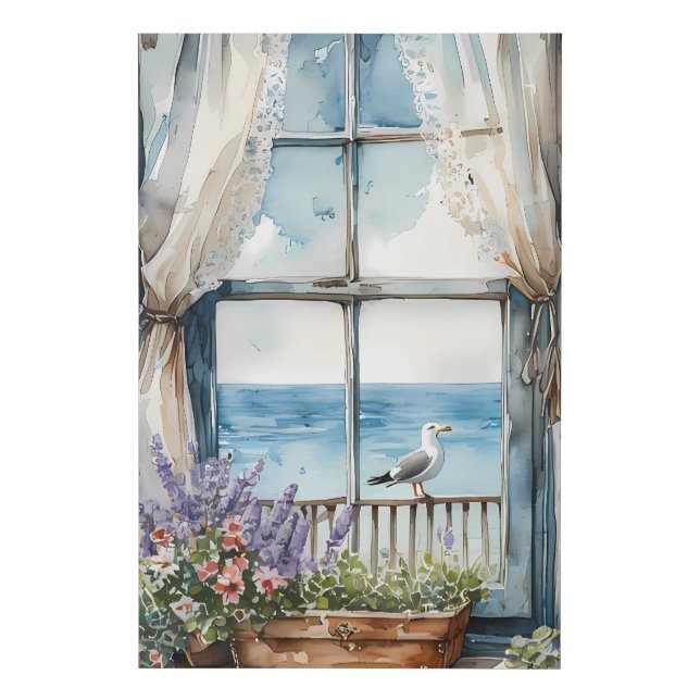 Seaside Window View Watercolor Coastal Scene Faux Canvas Print (Front)