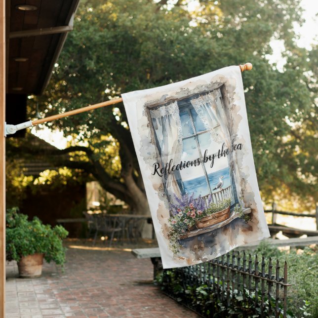 Seaside Window View Watercolor Coastal Scene House Flag (In SItu)