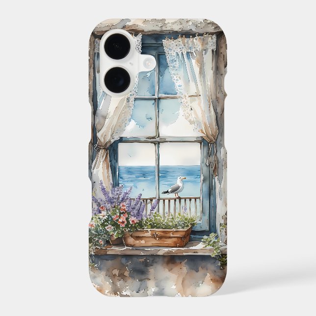 Seaside Window View Watercolor Coastal Scene iPhone Case (Back)