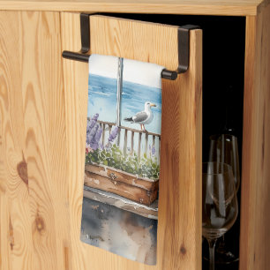 Seaside Window View Watercolor Coastal Scene Kitchen Towel
