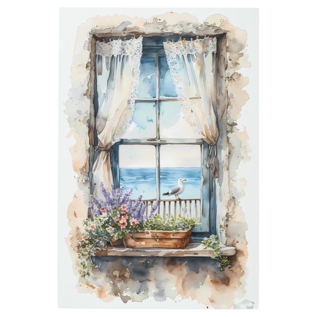 Seaside Window View Watercolor Coastal Scene Metal Print (Front)