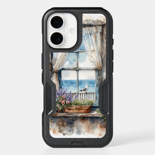 Seaside Window View Watercolor Coastal Scene Otterbox iPhone Case (Back)