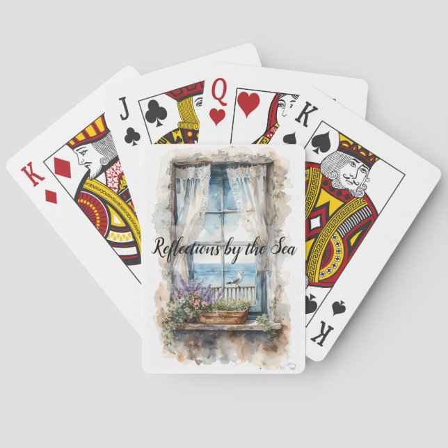 Seaside Window View Watercolor Coastal Scene Poker Cards (Back)
