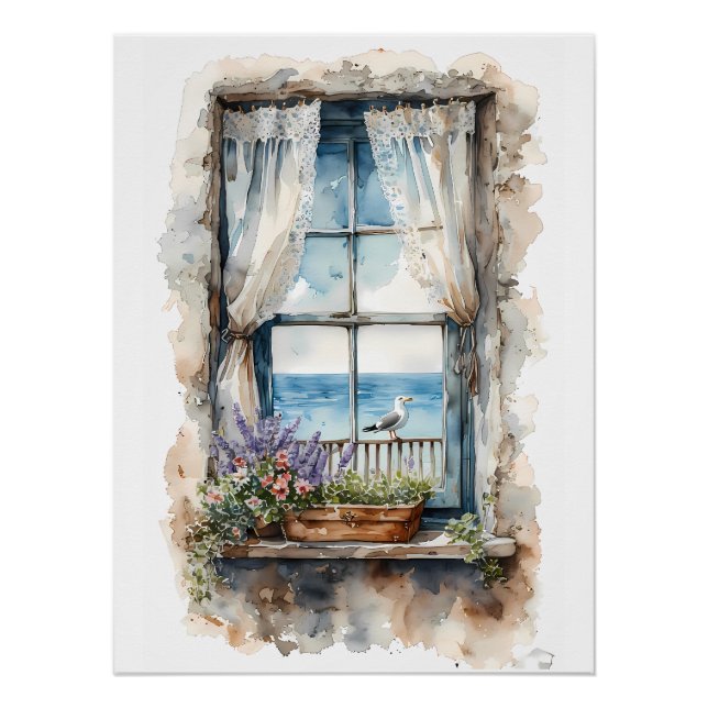 Seaside Window View Watercolor Coastal Scene Poster (Front)