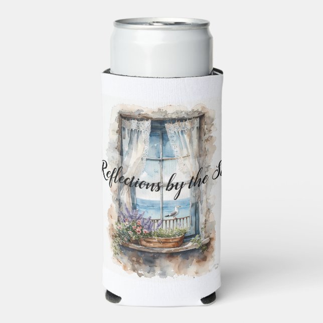 Seaside Window View Watercolor Coastal Scene Seltzer Can Cooler (Seltzer Front)